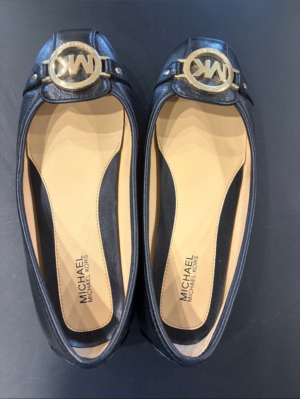 Michael Kors Black Leather Logo Round-Toe Ballet Flats with Gold Emblem